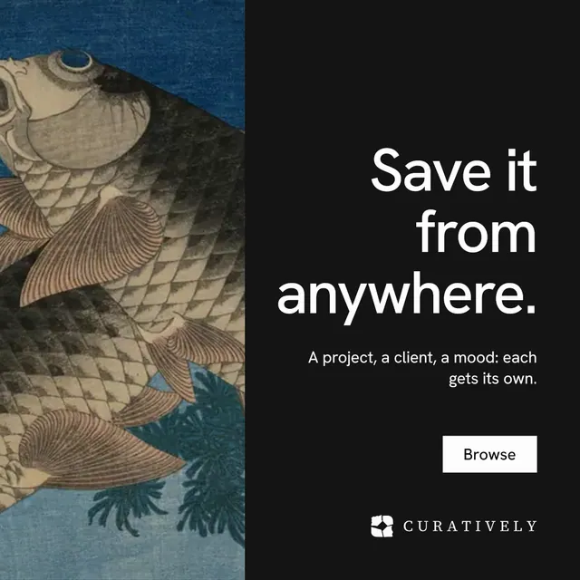 Instagram post for Curatively: "Save it from anywhere." Swiss style, right layout, dark palette in black, grey.