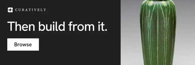 X header for Curatively: "Then build from it." Split block style, skeleton layout, dark palette in black, grey.