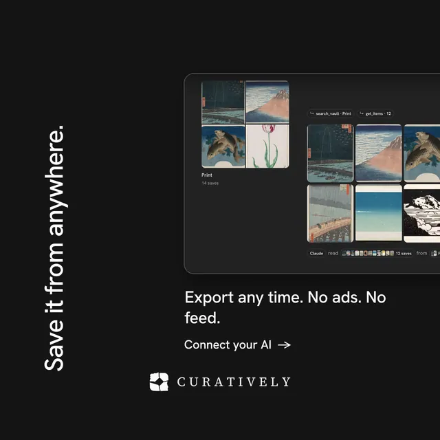 Instagram post for Curatively: "Save it from anywhere." Minimal luxury style, vertical layout, dark palette in black, grey.