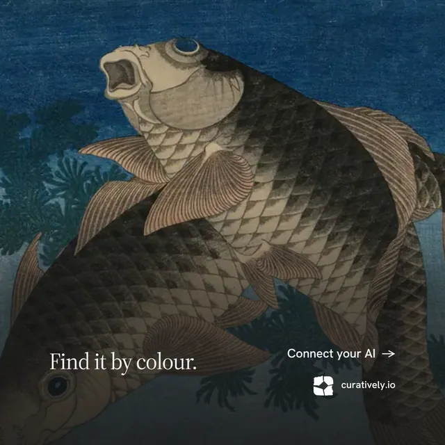 Instagram post for Curatively: "Find it by colour." Editorial style, image led layout, dark palette in black, grey, blue.