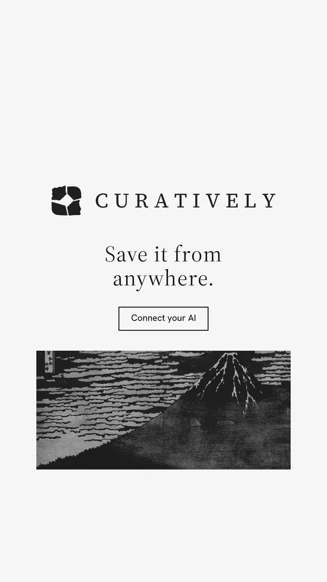 Instagram story for Curatively: "Save it from anywhere." Editorial style, logo hero layout, light palette in white, black.