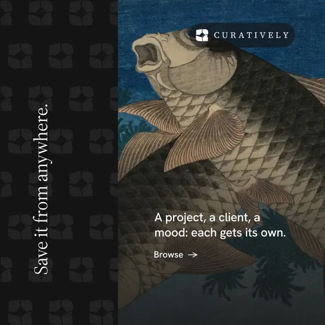 Instagram post for Curatively: "Save it from anywhere." Minimal luxury style, vertical layout, dark palette in black, blue, grey.