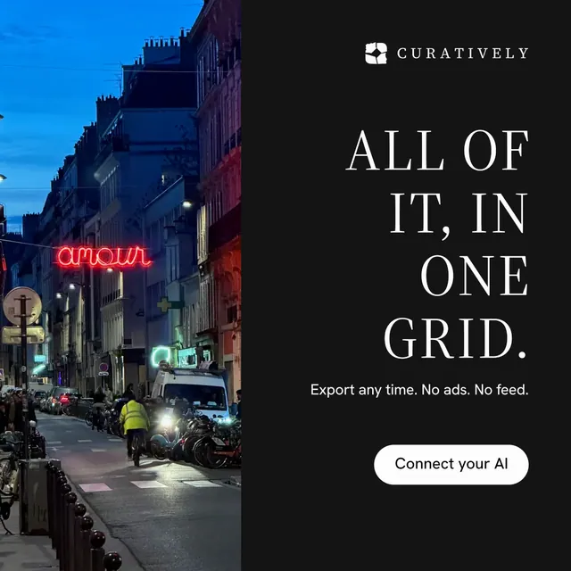Instagram post for Curatively: "All of it, in one grid." Photo poster style, right layout, dark palette in black, blue.
