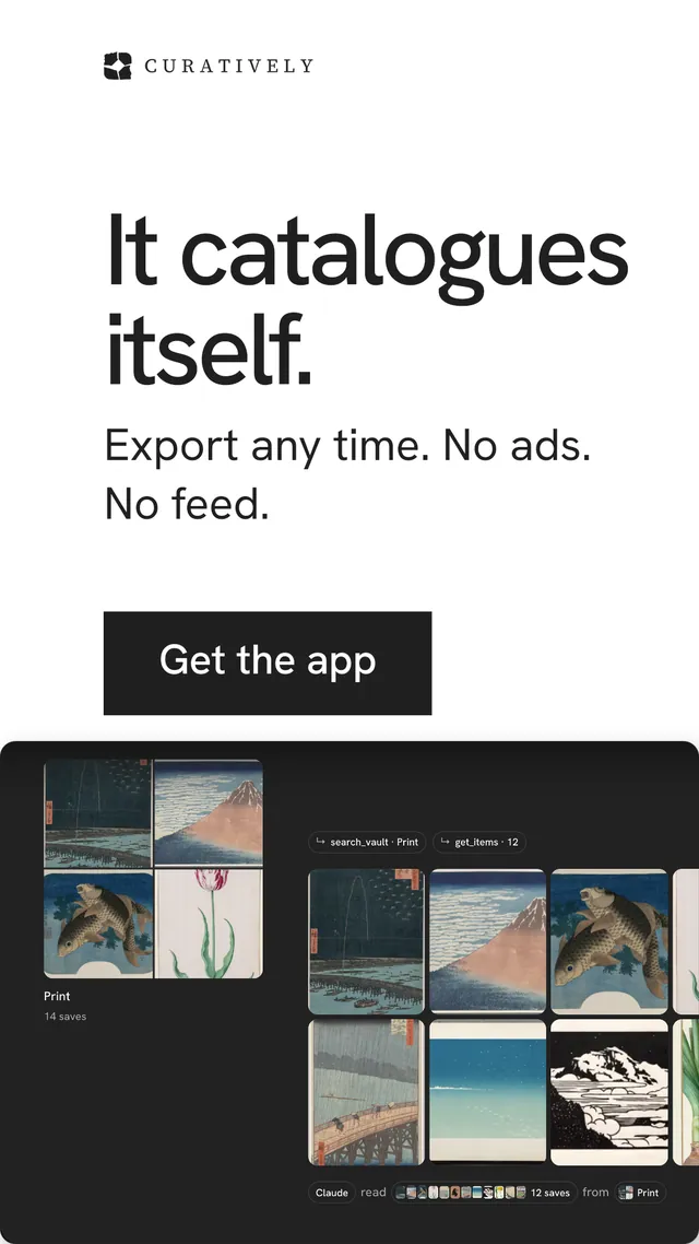 Instagram story for Curatively: "It catalogues itself." Swiss style, skeleton layout, light palette in white, black, grey.