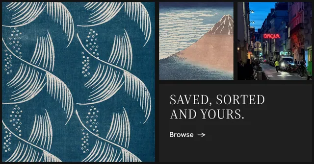Social ad for Curatively: "Saved, sorted and yours." Minimal luxury style, collage layout, dark palette in blue, black, grey.