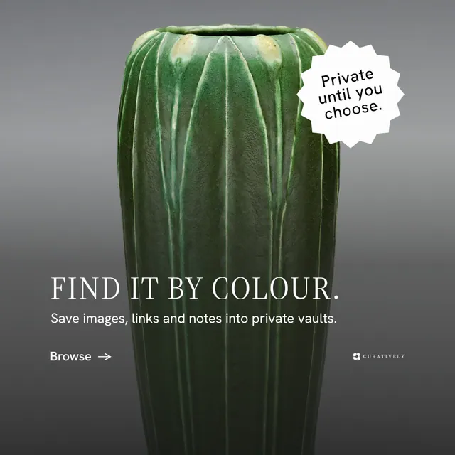 Instagram post for Curatively: "Find it by colour." Minimal luxury style, sticker layout, dark palette in grey, black.