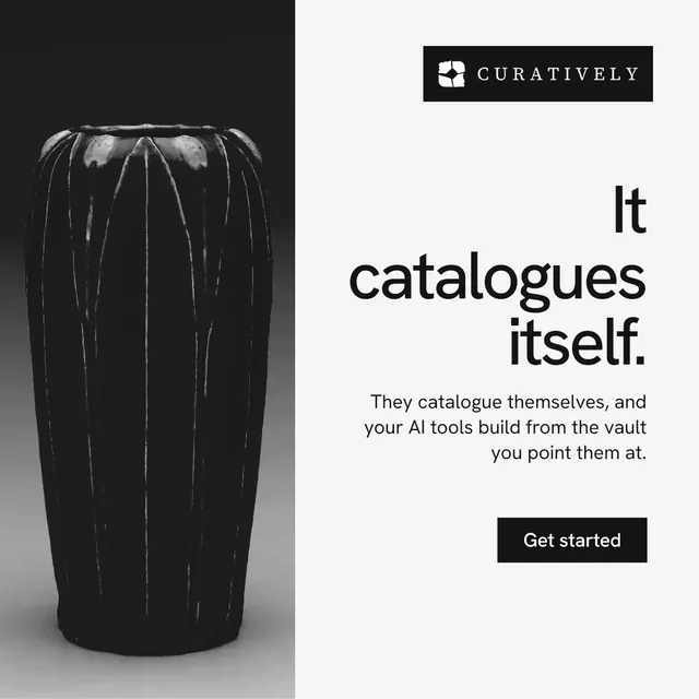 Instagram post for Curatively: "It catalogues itself." Swiss style, right layout, light palette in white, black, grey.