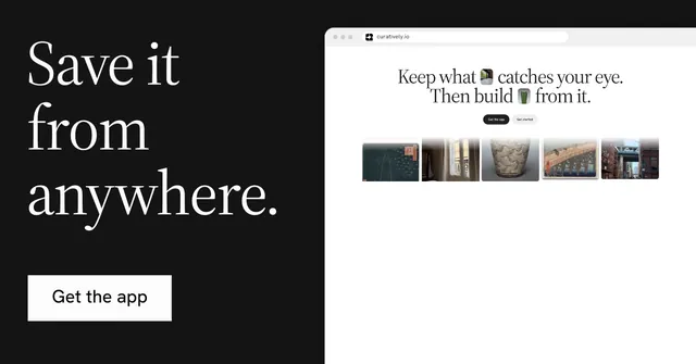 Social ad for Curatively: "Save it from anywhere." Split block style, browser layout, light palette in white, black, grey.