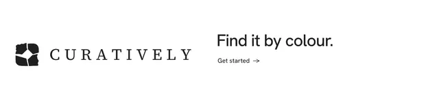 LinkedIn banner for Curatively: "Find it by colour." Minimal luxury style, logo hero layout, light palette in white.