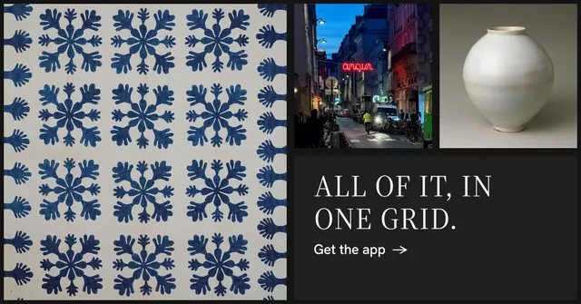 Social ad for Curatively: "All of it, in one grid." Minimal luxury style, collage layout, dark palette in grey, black.