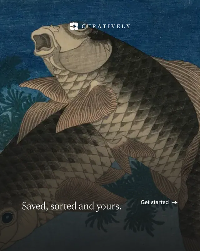 Instagram portrait post for Curatively: "Saved, sorted and yours." Minimal luxury style, image led layout, dark palette in black, blue, grey.