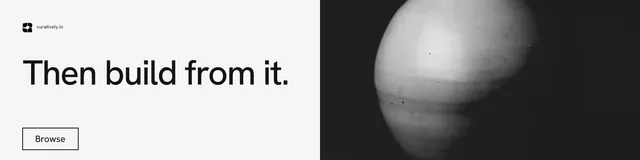 LinkedIn banner for Curatively: "Then build from it." Editorial style, bottom layout, light palette in white, black, grey.