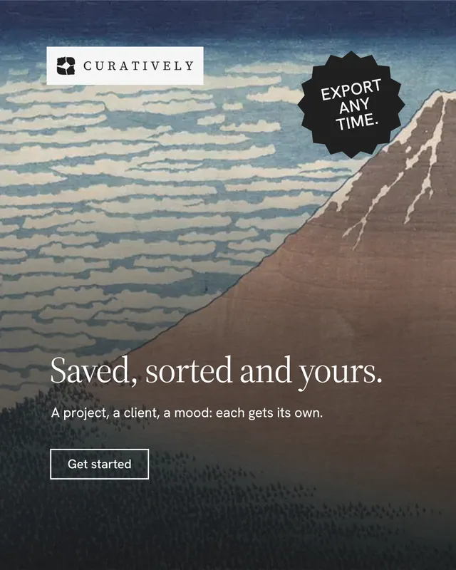Instagram portrait post for Curatively: "Saved, sorted and yours." Editorial style, sticker layout, dark palette in grey, black.