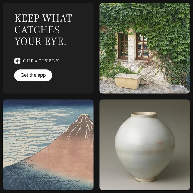 Instagram post for Curatively: "Keep what catches your eye." Photo poster style, collage layout, dark palette in black, grey.