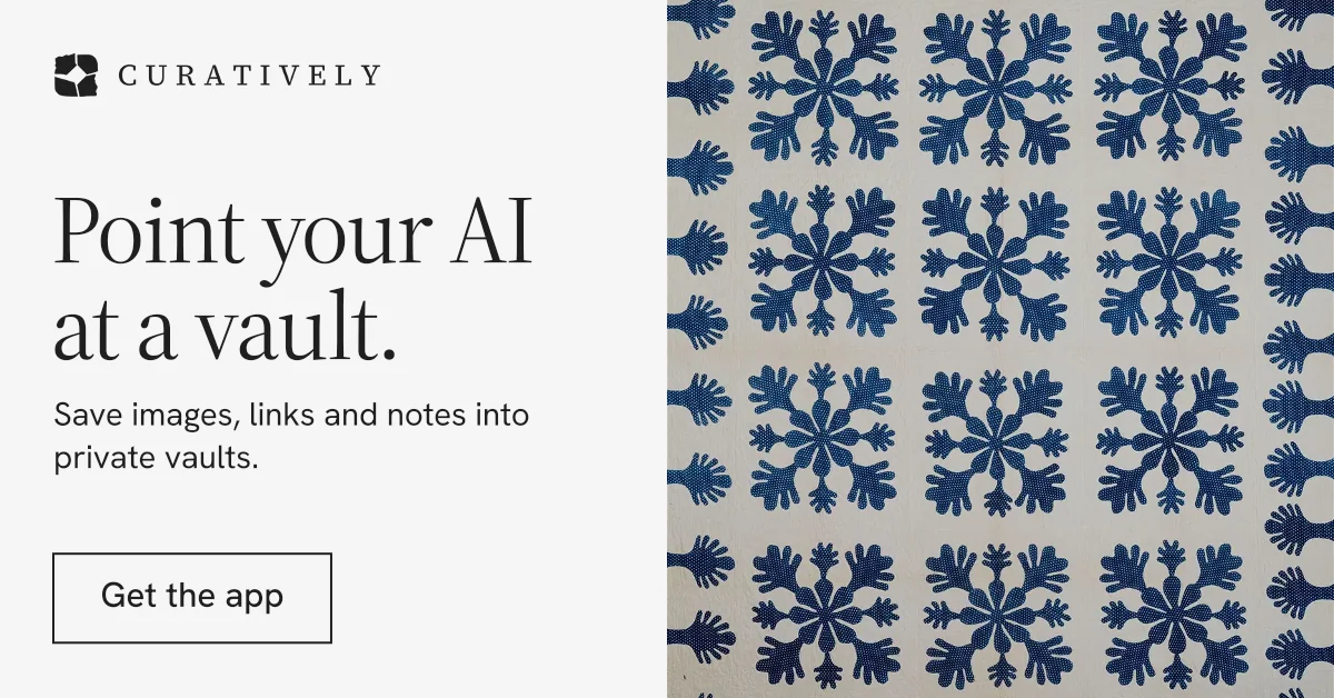 Social ad for Curatively: "Point your AI at a vault." Editorial style, bottom layout, light palette in white, grey, blue.
