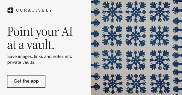 Social ad for Curatively: "Point your AI at a vault." Editorial style, bottom layout, light palette in white, grey, blue.