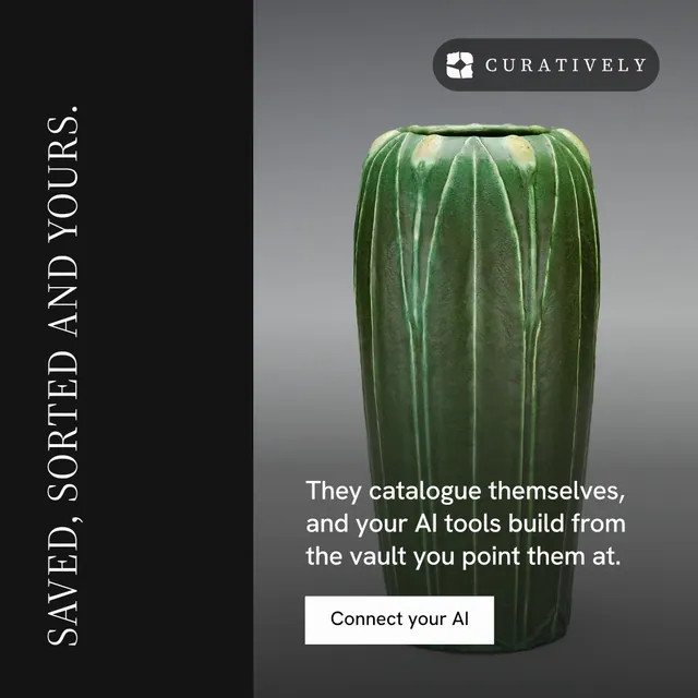 Instagram post for Curatively: "Saved, sorted and yours." Split block style, vertical layout, dark palette in black, grey.