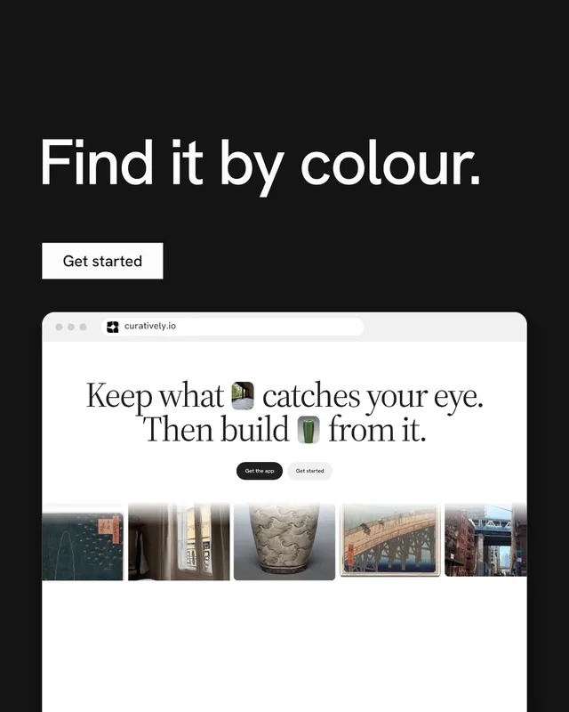 Instagram portrait post for Curatively: "Find it by colour." Split block style, browser layout, light palette in black, white, grey.