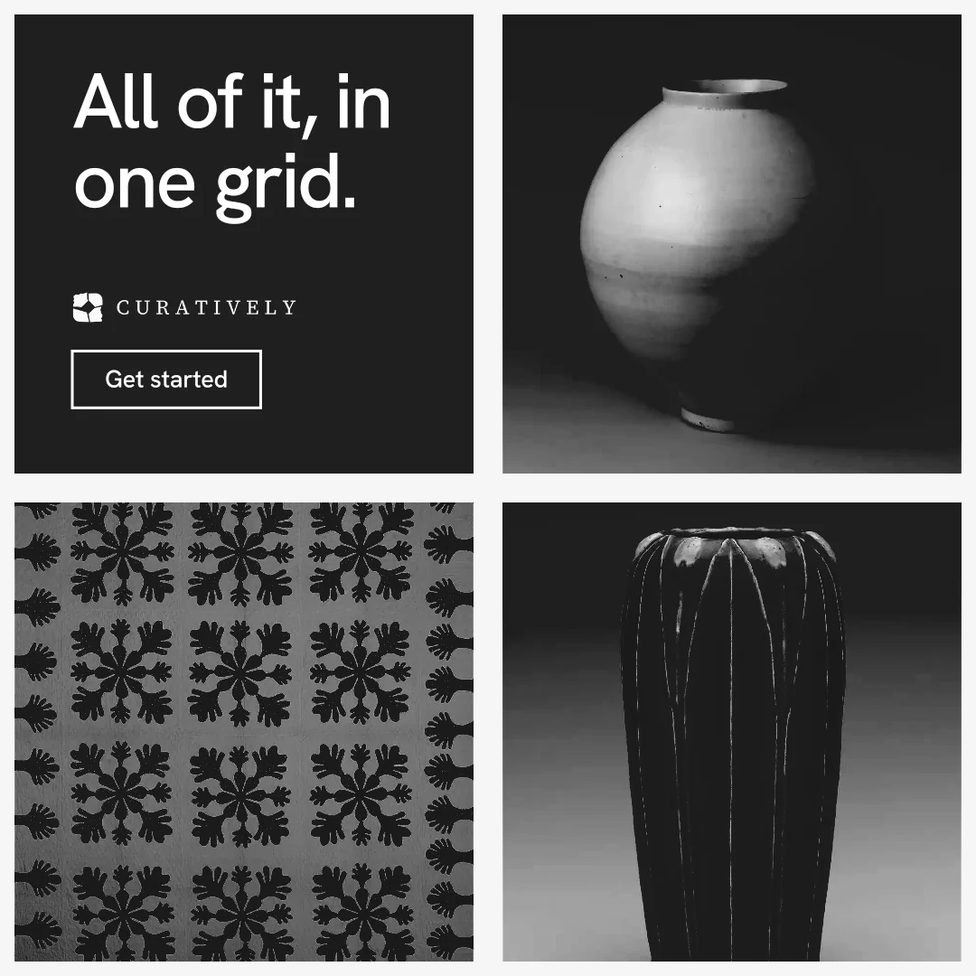 Instagram post for Curatively: "All of it, in one grid." Editorial style, collage layout, dark palette in grey, black.