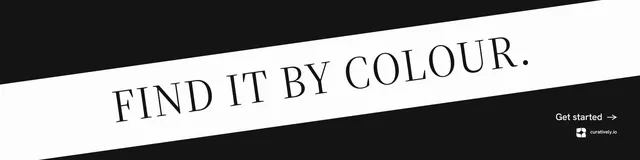 LinkedIn banner for Curatively: "Find it by colour." Minimal luxury style, diagonal layout, light palette in black, white.