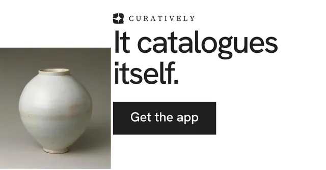 Social ad for Curatively: "It catalogues itself." Swiss style, skeleton layout, light palette in white, grey, black.