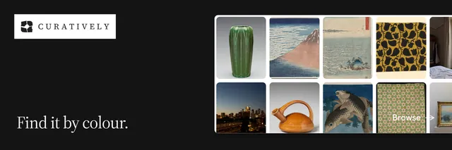 X header for Curatively: "Find it by colour." Split block style, image led layout, dark palette in black, grey.