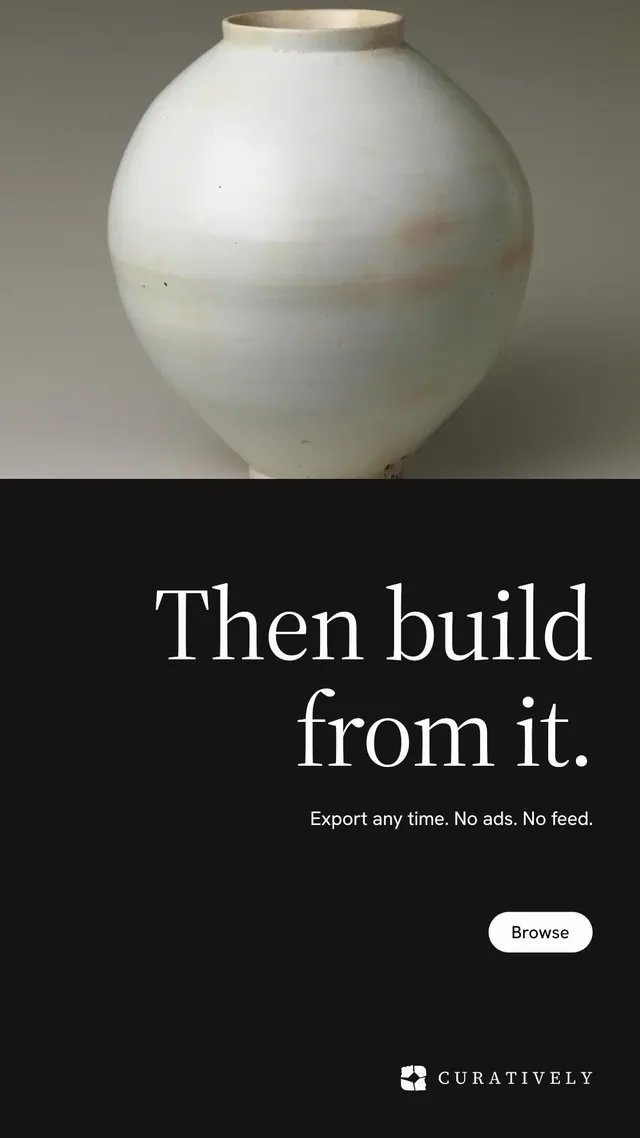 Instagram story for Curatively: "Then build from it." Photo poster style, right layout, dark palette in black, grey.