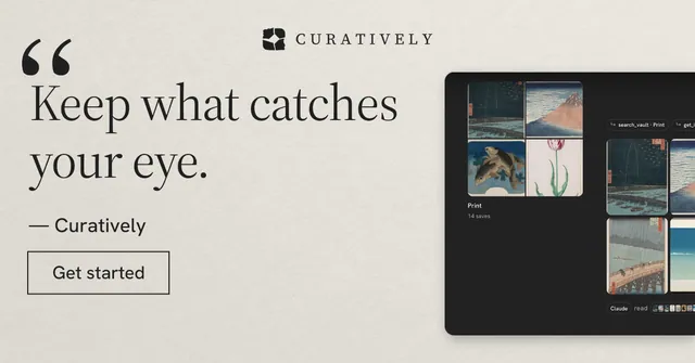 Social ad for Curatively: "Find it by colour." Editorial style, quote layout, light palette in white, black, grey.