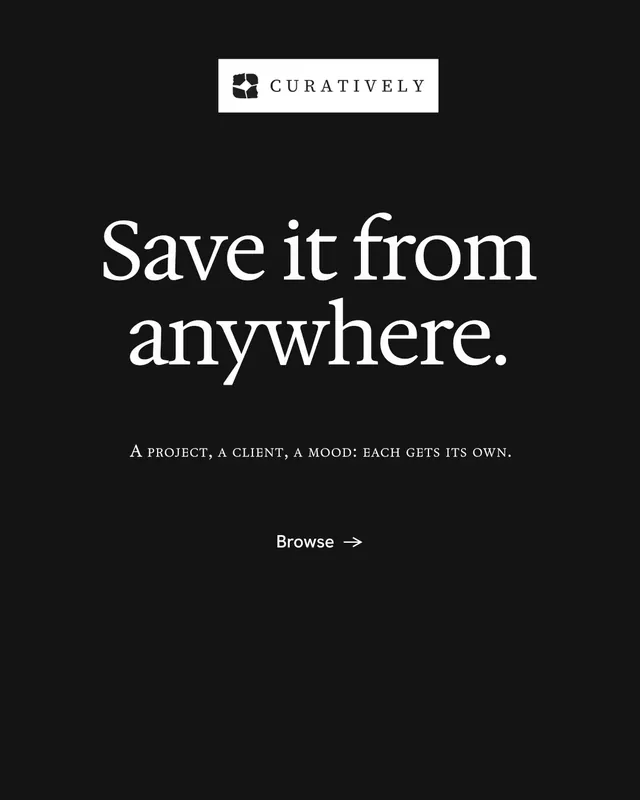 Instagram portrait post for Curatively: "Save it from anywhere." Minimal luxury style, smallcaps layout, dark palette in black.