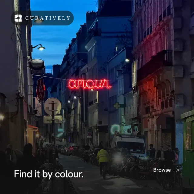 Instagram post for Curatively: "Find it by colour." Swiss style, image led layout, dark palette in black, pink, blue.