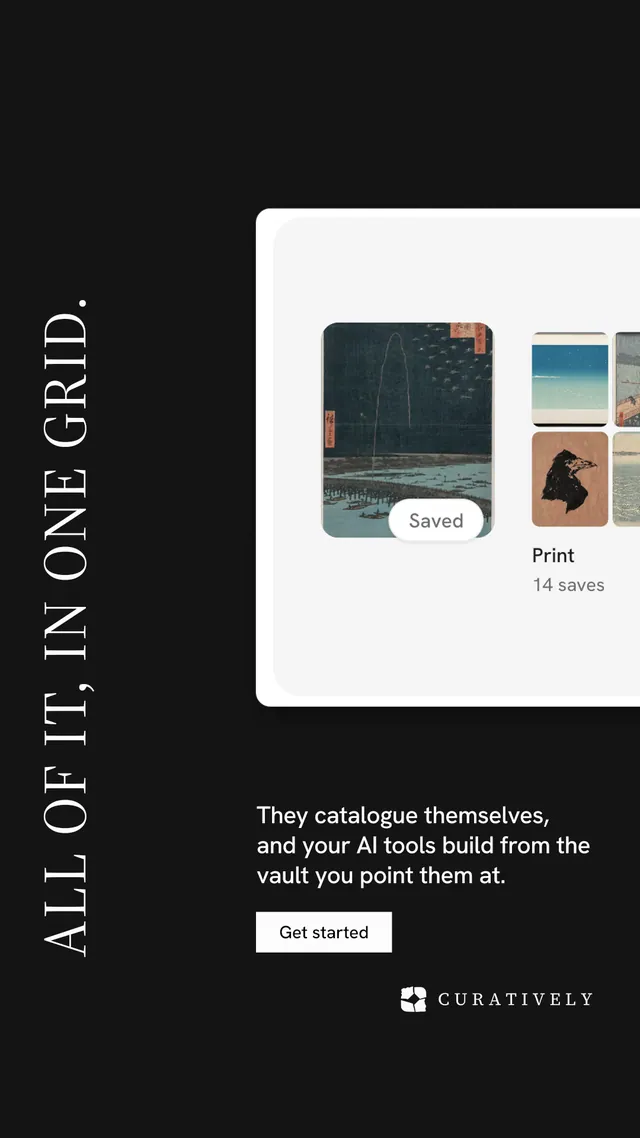 Instagram story for Curatively: "All of it, in one grid." Split block style, vertical layout, dark palette in black, white, grey.