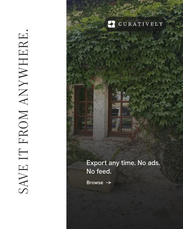 Instagram portrait post for Curatively: "Save it from anywhere." Minimal luxury style, vertical layout, light palette in white, black, green.