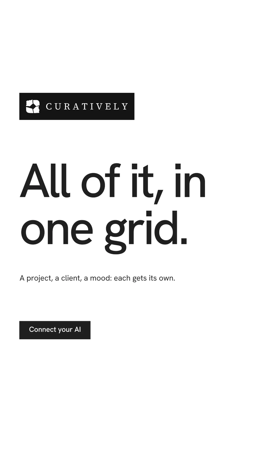 Instagram story for Curatively: "All of it, in one grid." Swiss style, announce layout, light palette in white.