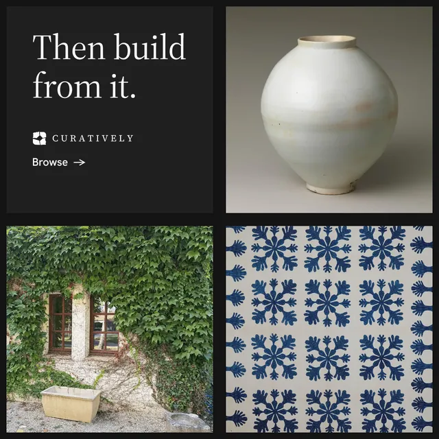 Instagram post for Curatively: "Then build from it." Minimal luxury style, collage layout, dark palette in grey, black.