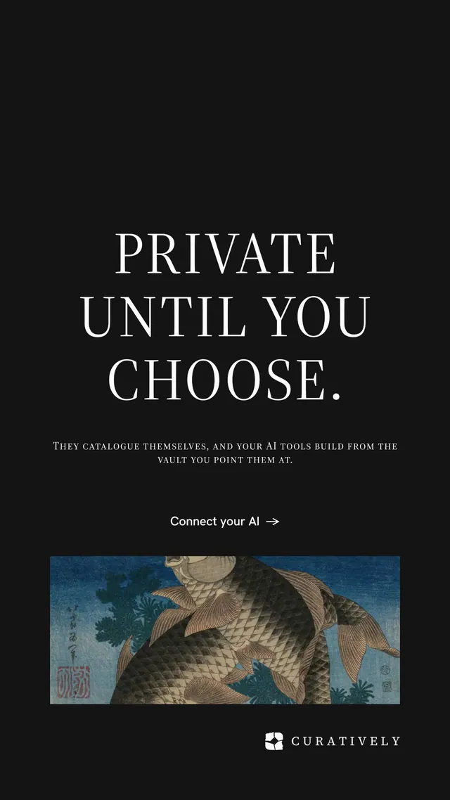 Instagram story for Curatively: "Private until you choose." Minimal luxury style, smallcaps layout, dark palette in black, grey.