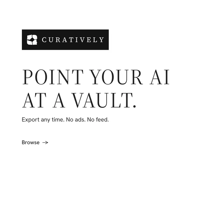 Instagram post for Curatively: "Point your AI at a vault." Minimal luxury style, announce layout, light palette in white.