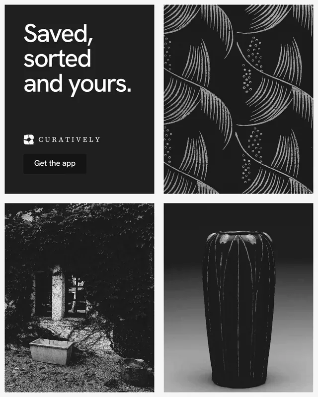 Instagram portrait post for Curatively: "Saved, sorted and yours." Swiss style, collage layout, dark palette in black, grey.