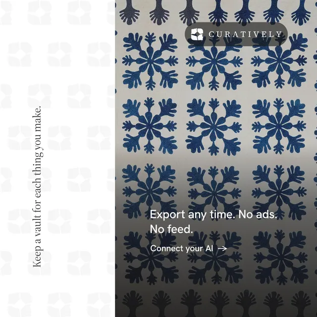Instagram post for Curatively: "Keep a vault for each thing you make." Minimal luxury style, vertical layout, light palette in black, grey, white.