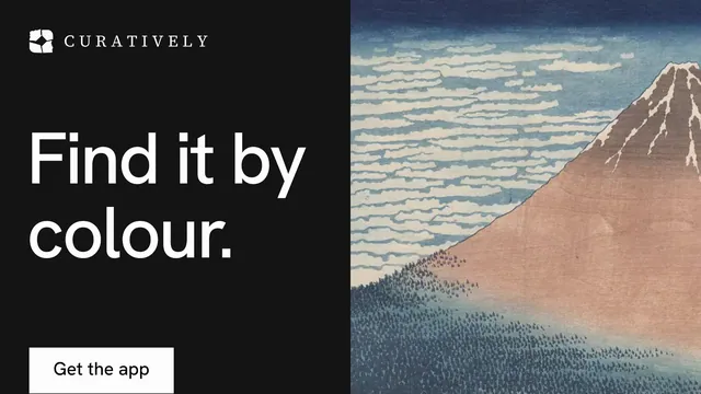 Landscape graphic for Curatively: "Find it by colour." Swiss style, bottom layout, dark palette in black, grey.