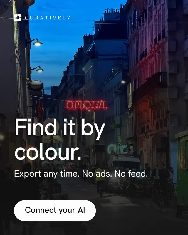 Instagram portrait post for Curatively: "Find it by colour." Photo poster style, skeleton layout, dark palette in black, blue, pink.