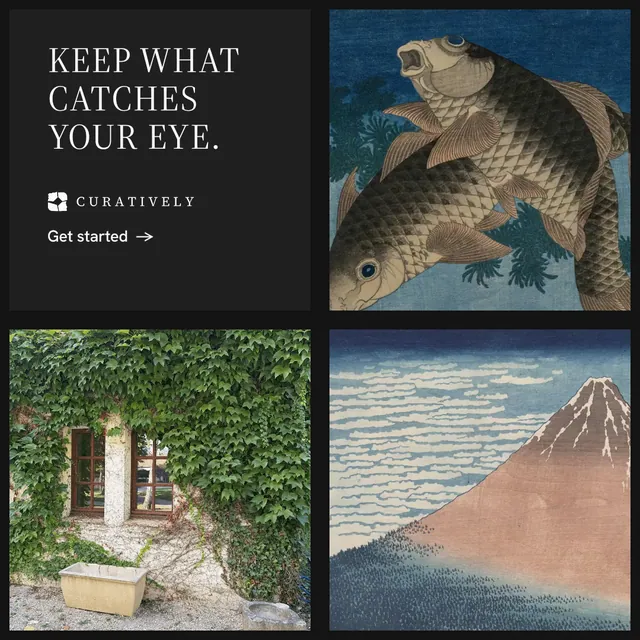 Instagram post for Curatively: "Keep what catches your eye." Minimal luxury style, collage layout, dark palette in grey, black.