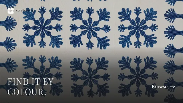 Landscape graphic for Curatively: "Find it by colour." Editorial style, image led layout, dark palette in grey, blue.