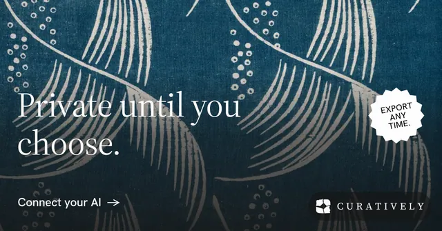 Social ad for Curatively: "Private until you choose." Minimal luxury style, sticker layout, dark palette in blue, grey.
