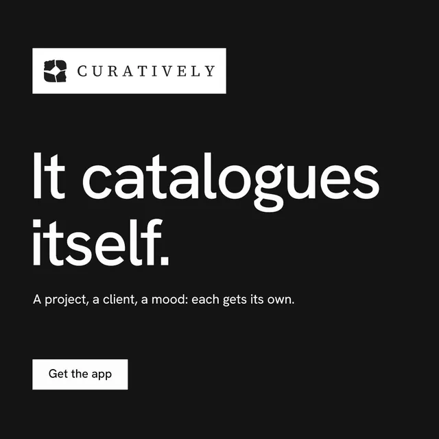 Instagram post for Curatively: "It catalogues itself." Split block style, announce layout, dark palette in black, grey.