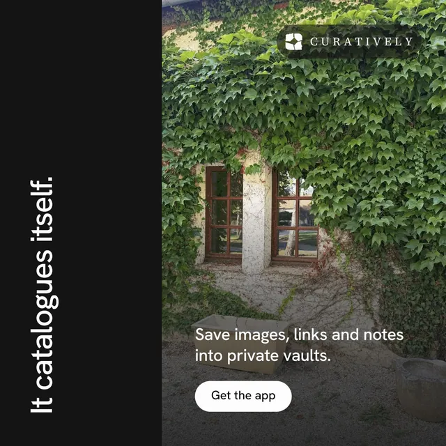 Instagram post for Curatively: "It catalogues itself." Photo poster style, vertical layout, dark palette in black, grey.