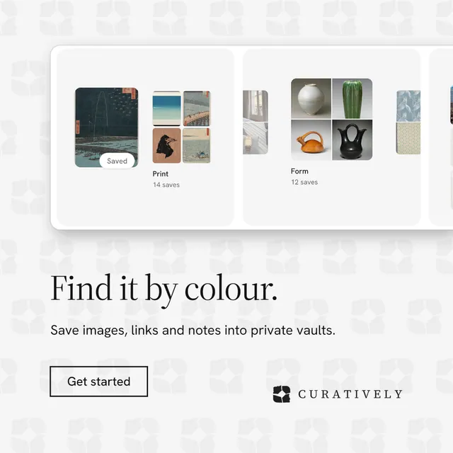 Instagram post for Curatively: "Find it by colour." Editorial style, bottom layout, light palette in white, grey.