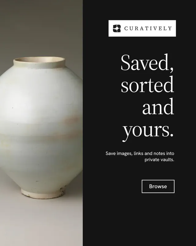 Instagram portrait post for Curatively: "Saved, sorted and yours." Editorial style, right layout, dark palette in black, grey.