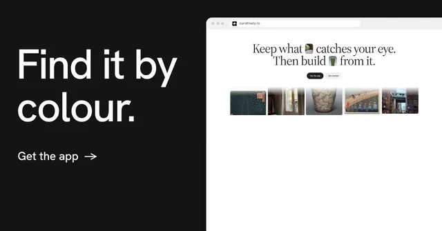 Social ad for Curatively: "Find it by colour." Minimal luxury style, browser layout, light palette in white, black, grey.