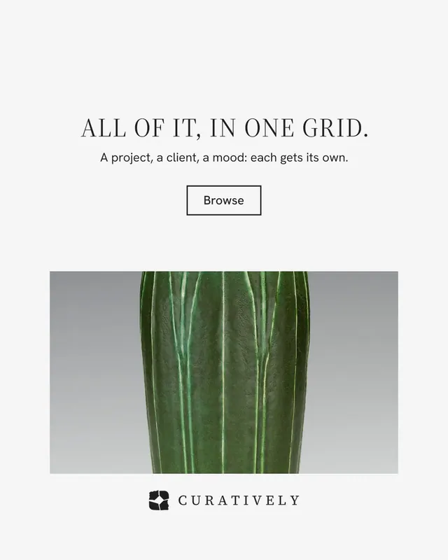Instagram portrait post for Curatively: "All of it, in one grid." Editorial style, centred layout, light palette in white, grey.