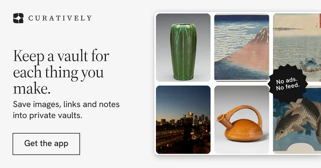 Social ad for Curatively: "Keep a vault for each thing you make." Editorial style, sticker layout, light palette in white, grey.